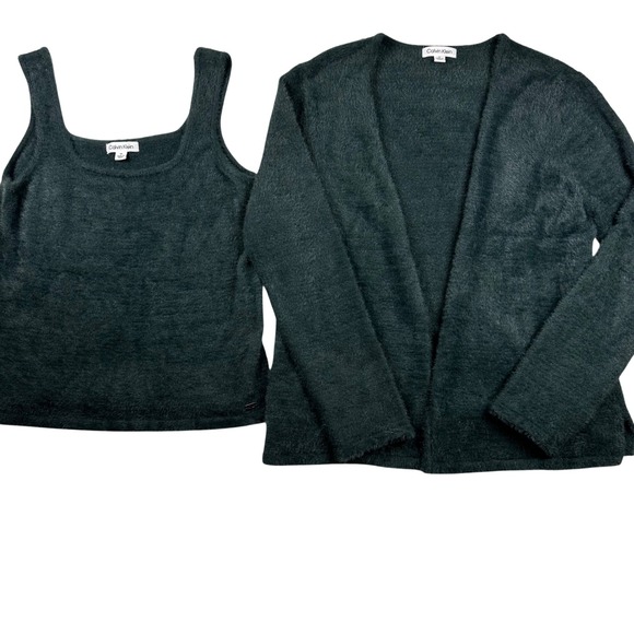 Calvin Klein 2 Pc Fuzzy Knit Tank Top Sweater Set Deep Kelly Green Luxe Soft M - Picture 2 of 8